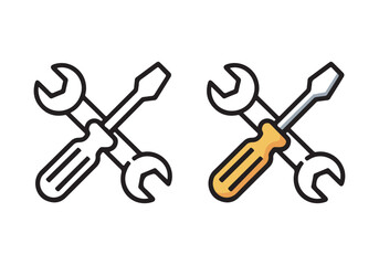 Stylized wrench and screwdriver crossed icons isolated on white background