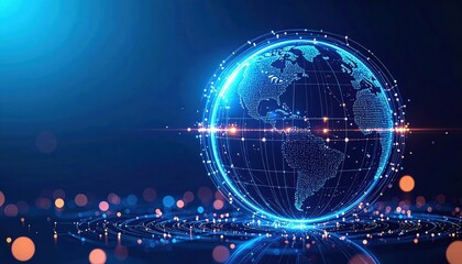 Obraz premium A glowing digital globe with network connections representing global communication and technology in a futuristic blue setting.