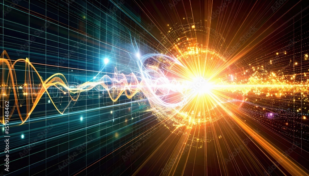 Aufkleber a dynamic digital visualization of energy waves and light beams converging at a bright, radiant foca