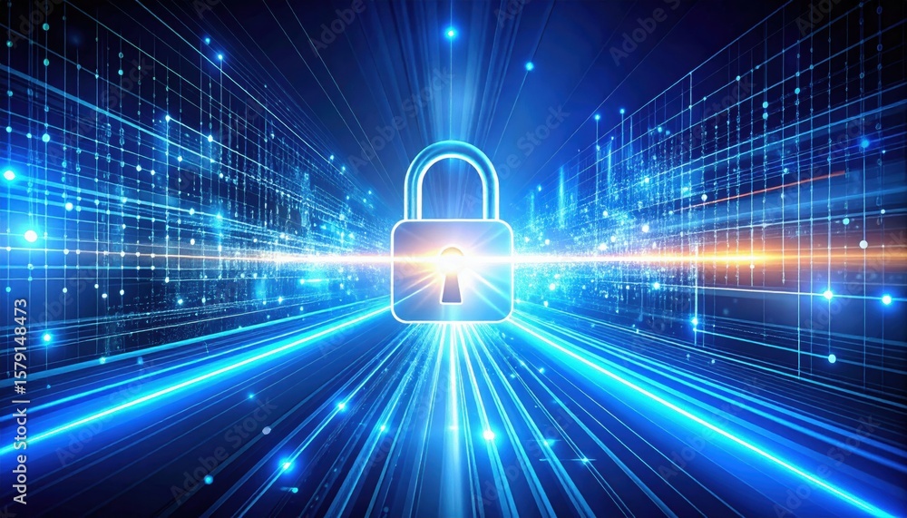 Poster a glowing padlock symbolizing cybersecurity, surrounded by digital data streams and futuristic light