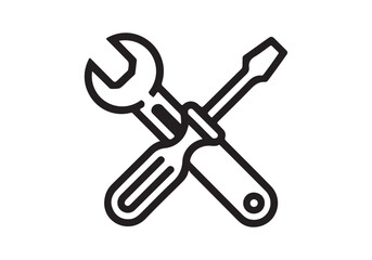 Simple black line art icon of a wrench and screwdriver crossed isolated on white background