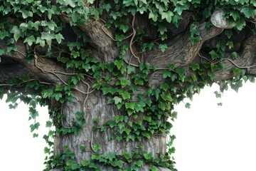 Green ivy leaves are growing and climbing up the trunk and branches of an old tree