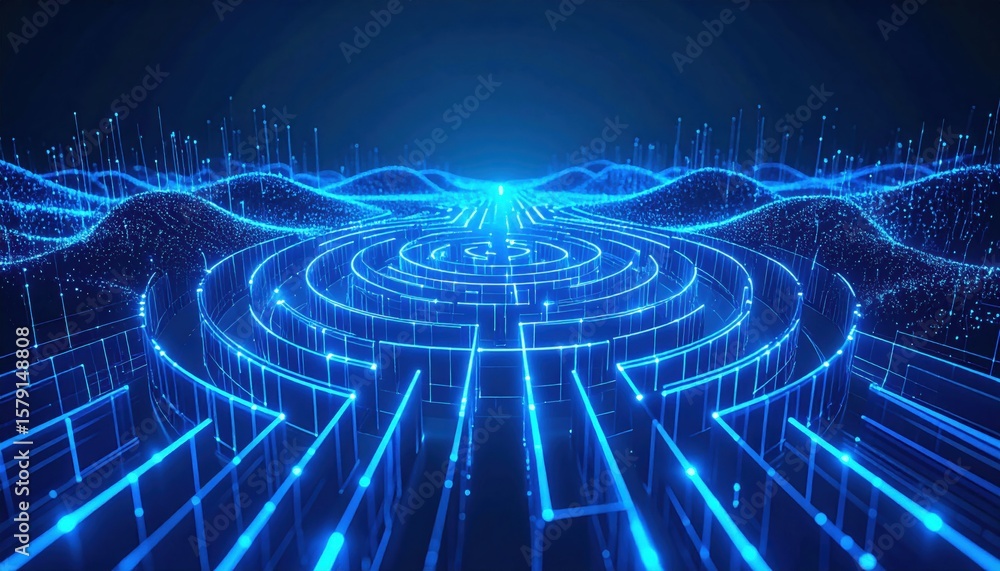 Aufkleber a glowing blue digital maze with interconnected lines and nodes, resembling futuristic data waves an