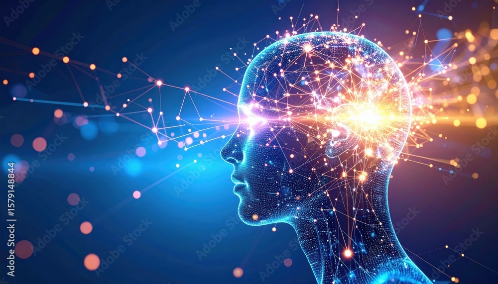 Poster a digital human head with glowing neural connections illustrating artificial intelligence and advanc