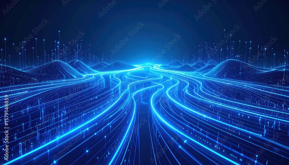 Poster a futuristic digital landscape with glowing blue lines and data points forming flowing paths against