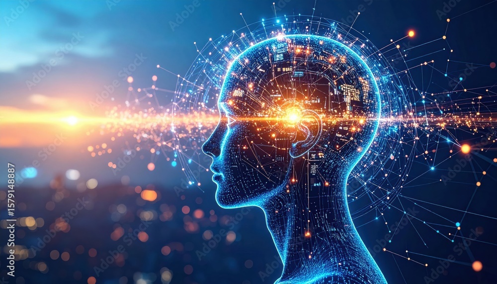 Poster digital illustration of a glowing human head with neural connections and data points, symbolizing ar