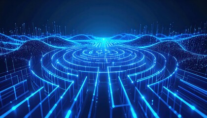Fototapeta premium A glowing blue digital maze with interconnected lines and nodes, resembling futuristic data waves and a high-tech network landscape.