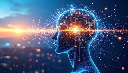 Obraz premium Digital illustration of a glowing human head with neural connections and data points, symbolizing artificial intelligence and advanced brain technology.