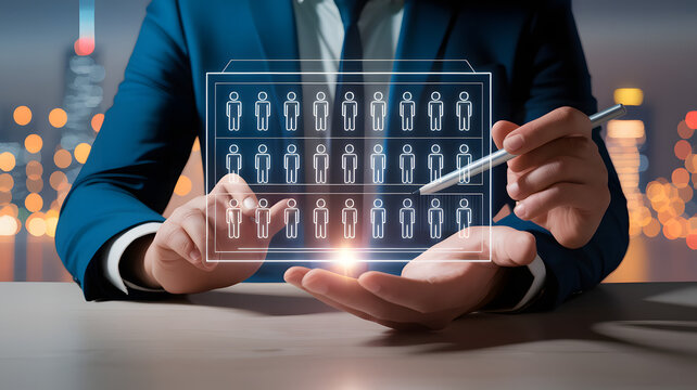Businessman selecting a person from a digital interface displaying a team or employee roster