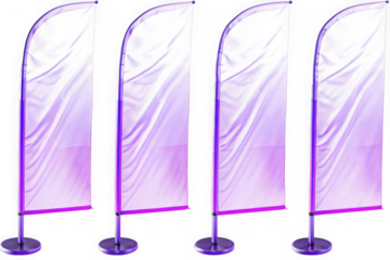 Four blank purple feather flags waving on poles isolated on transparent background