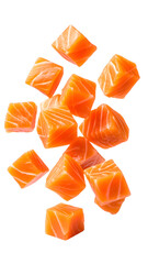 Salmon Cubes in Air: Diced salmon pieces suspended in mid-air against a pristine white background, showcasing their rich, vibrant orange hue and intricate marbling.
