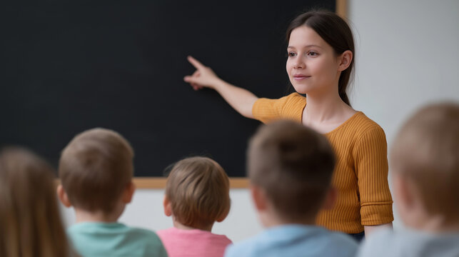 A young female teacher, smiling and pointing at a blackboard, engages with a group of diverse elementary school children, whose backs are visible, emphasizing interaction and learning