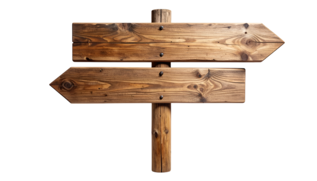 Direction Sign: A weathered wooden direction sign stands against a neutral backdrop, pointing the way forward. conveying the ideas of direction, choices, and travel.