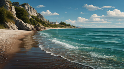 Crystal clear waters wash against a serene sandy beach under a blue sky at midday