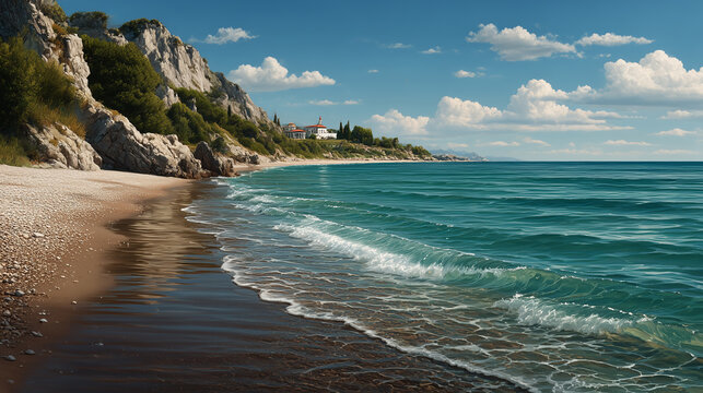 Crystal clear waters wash against a serene sandy beach under a blue sky at midday