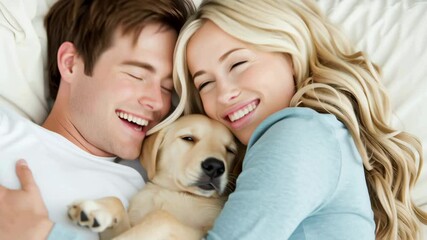 Loving couple cuddling with golden retriever puppy in bed