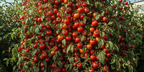 Fototapeta premium A tomato plant laden with ripe and unripe tomatoes growing outdoors in a garden on a sunny day