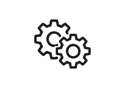 Two interlocking gears icon representing teamwork and mechanical connection isolated on white background