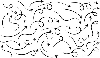 curved line arrows set. Hand drawn line doodle. curved pointers sign. Spiral dotted line arrow