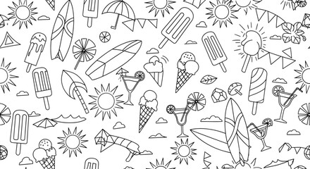 Summer themed seamless pattern with sun ice cream surfboard cocktail and other summer elements.