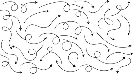 curved line arrows set. Hand drawn line doodle. curved pointers sign. Spiral dotted line arrow