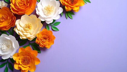 Colorful paper cut flowers with layered petals and green leaves beautifully arranged on a vibrant purple background - creating a cheerful, handcrafted look perfect for decorative or festive design
