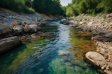 Polluted river turning into clean stream after passing through filtration system