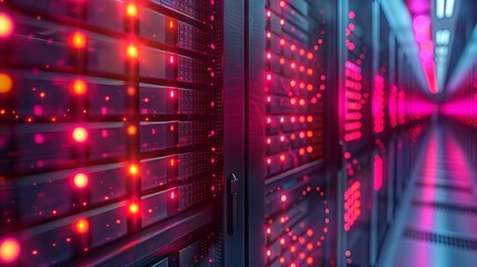 Obraz premium Server racks with red and pink lights blinking in a modern data center