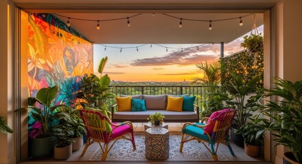 Fototapeta premium tropical balcony oasis with vibrant decor and sunset city view
