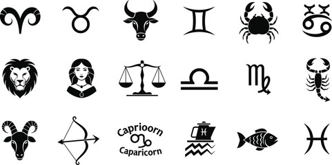 Zodiac line icon set. Vector pictograms of Aries, Taurus, Gemini, Cancer, Leo, zodiac, astrology, horoscope, Virgo, Libra, Scorpio, Sagittarius, Capricorn, Aquarius, Pisces, thin linear