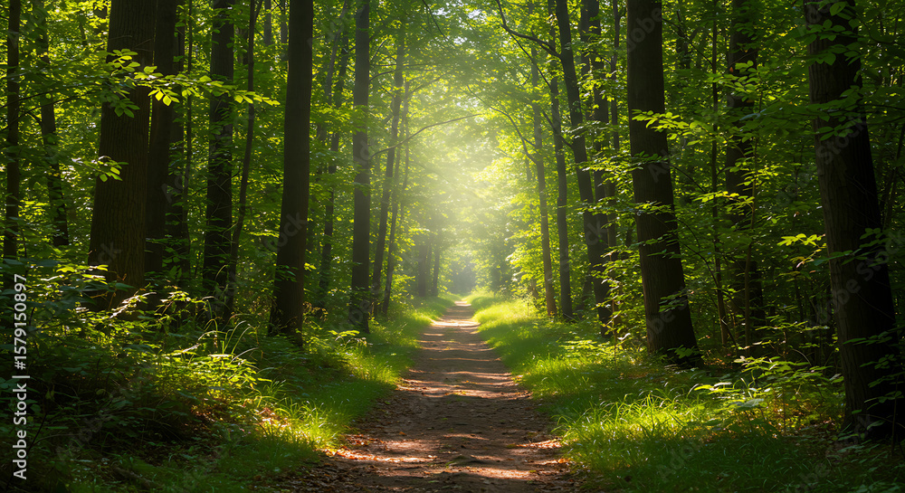 Aufkleber serene forest path illuminated by natural light filtering through tall green trees, creating a peace