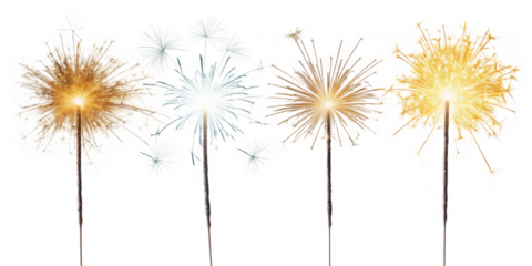 Four sparkling fireworks in gold and blue isolated on transparent background