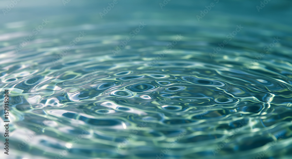 Poster close-up view of clear, calm water with subtle circular ripples, creating an abstract and serene aqu