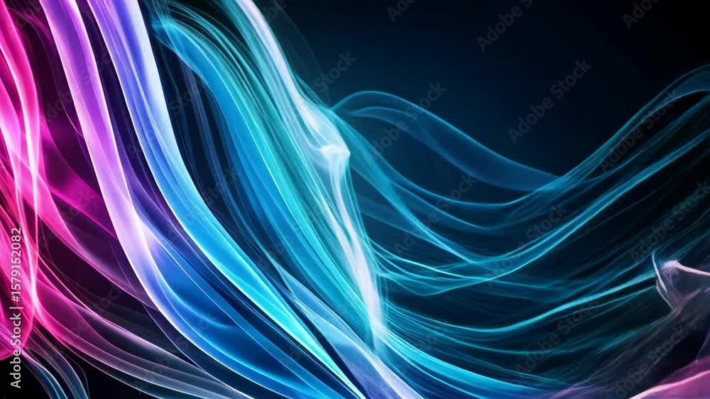 Poster vibrant abstract flows of pink and blue light, creating a dynamic and modern design against a dark b