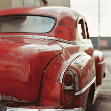 Fototapeta A vintage red car showcasing rustic charm, reflecting sunlight with worn-out details and classic lines.