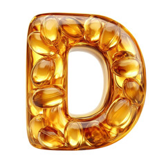 Letter D with fish oil capsules vitamin D omega 3 golden health nutrition on transparent background