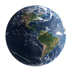 Fototapeta premium High-resolution 3D render of Earth, showcasing North and South America, detailed cloud cover, realistic textures, and a serene, global perspective.