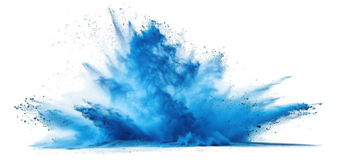 Explosion of vibrant blue powder against a black background isolated on transparent background