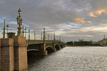Trinity Bridge, bascule bridge, across Neva in Saint Petersburg, Russia, at picturesque dawn