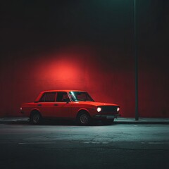 Fototapeta premium A vintage red sedan parked under a dim streetlight, casting a warm glow against a dark wall, creating a nostalgic atmosphere.
