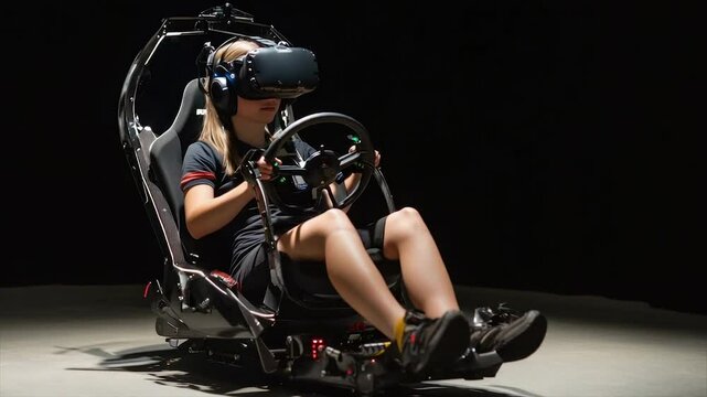 Woman in VR Racing Simulator