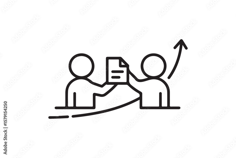 Poster two people exchanging a document with an upward trending graph isolated on white background