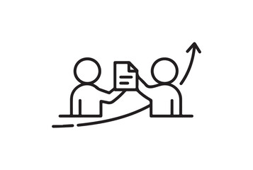 Two people exchanging a document with an upward trending graph isolated on white background