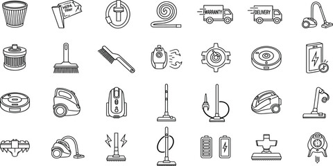 Vacuum cleaner line icon set. Vector pictograms of HEPA filter, hose, brush, delivery, warranty, motor, robot, handheld, upright, rechargeable, accessory, thin linear illustration. 