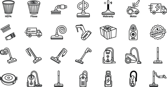 Vacuum cleaner line icon set. Vector pictograms of HEPA filter, hose, brush, delivery, warranty, motor, robot, handheld, upright, rechargeable, accessory, thin linear illustration. 