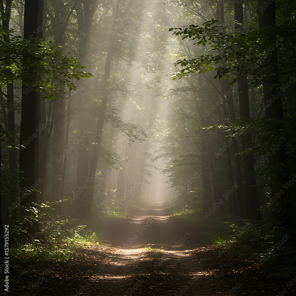 Poster enchanting forest path bathed in atmospheric sunbeams penetrating through the misty canopy, creating