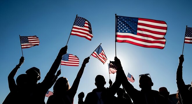 Group of People Waving American Flags in Back Lit