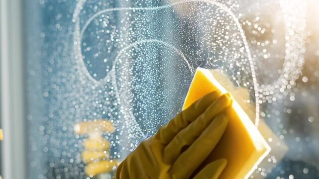 Cleaning Window with Sponge: Close-up of a hand in a yellow glove cleaning a window with a yellow sponge. Water droplets are visible on the glass. Sunlight reflects off the glass.