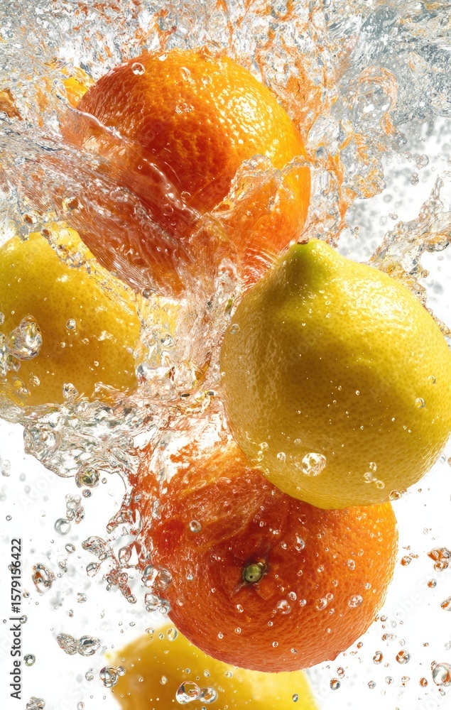 Poster three oranges and two lemons submerged in water, splashing and creating dynamic movement. bright cit