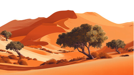 Desert Landscape with Orange Sand Dunes and Sparse Trees on Transparent Background